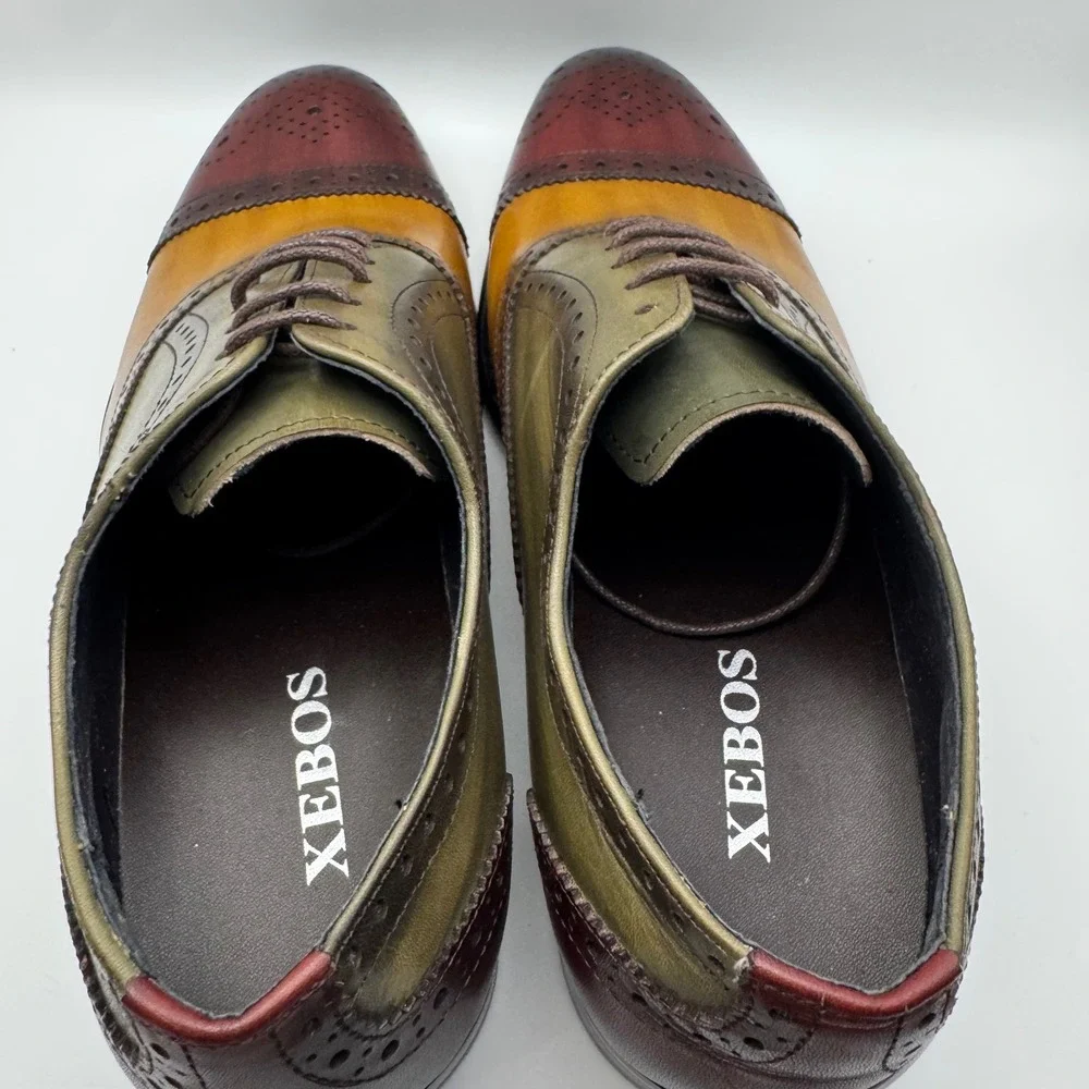 XEBOS Mens  Tricolor Leather Wingtip Brogue Oxford Shoes Size 38 Wood Color